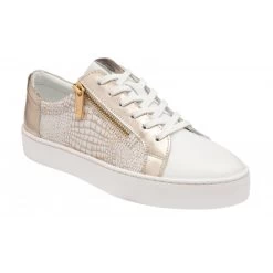 White Leather & Gold Croc-Print Sky Casual Trainers | Stressless By Lotus